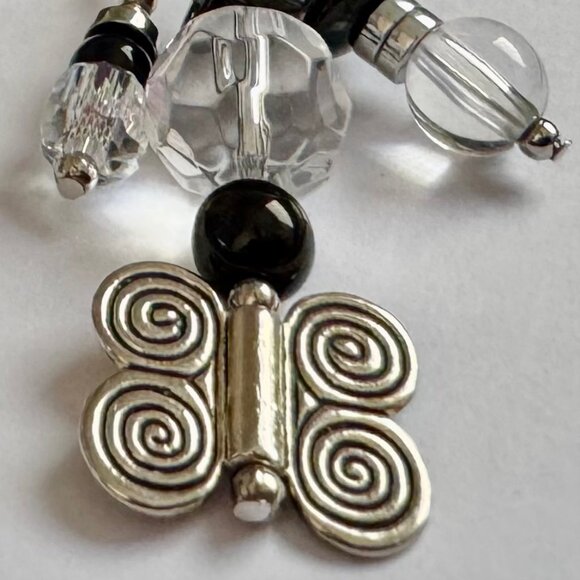 Necklace handmade 3 tier dangle silver butterfly black clear silver beads OOAK - Picture 4 of 10